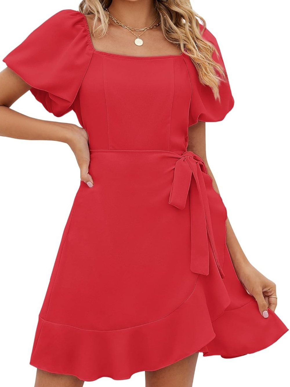 Sampeel Womens Summer Dresses Square Neck Puff Sleeve Tie Waist Short Dress
